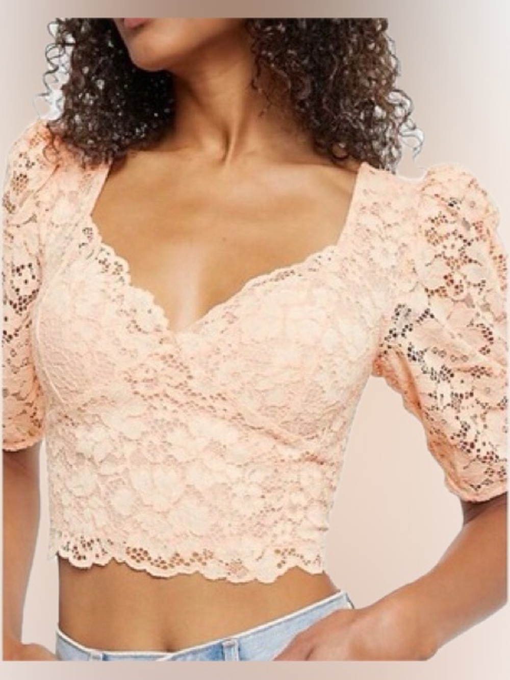 Express Peach Lace Crop Smocked Back Top Coquette Girl Baby Doll